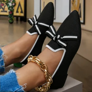 European American Women’s Casual Flats Plus Size Slip On Work Shoes Lightweight Pointed Fly Woven Bow On Design Factory