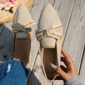 European American Women’s Casual Flats Plus Size Slip-On Work Shoes Lightweight Pointed Fly-Woven Bow-On Design for Autumn