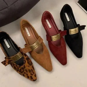 European American Women’s Casual Flats Pointed Flat Bottom Fly Woven Shoes with Bow On Plus Size Work Cross Border Foreign Trade