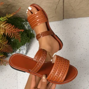 European American Women’s Flat for Slippers New Fashion Lightweight Solid Color Woven Outer Wear Beach Sandals for Spring Summer