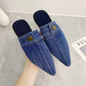 European American Women’s Large Size Flat Bottom Denim Baotou Slippers Pointed Half-Slip Shoes Fashion Trend for Daily Use