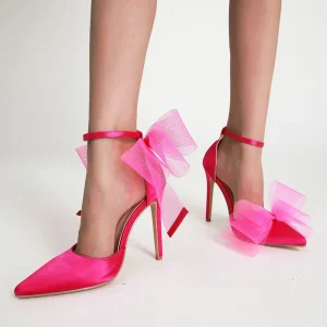 European American Women’s Pumps Elegant Bow Decor Thin High Heel Pointed Toe Bridal Shoes Fashion Party Wedding Heels