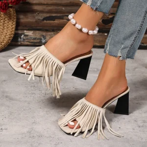 European American Women’s Summer Fabric Shoes Tassel Square Head Holiday Party High Heels Bohemian Western Thick Heel