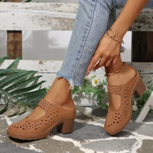 European American style Hollow out High heeled Women’s Outdoor Mules Chunky heel Slip on Closed toe