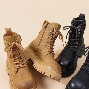 European Microfiber Rhubarb Women’s Ankle Boots ZIP Closure Waterproof Anti-slip 4cm Heel Thick-soled Motorcycle