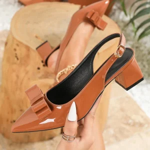European Size Pointed High Heels Thick Heel Patent Leather Summer Shoes Bow Large Size Sandals
