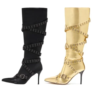 European and American Fashion Boots Pointed Motorcycle Rivets High Heels Knee High Boots Women’s Boots