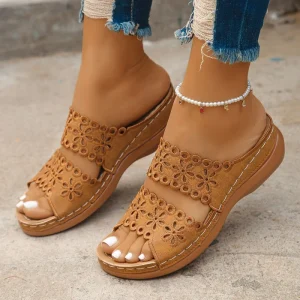 European and American Large Size Open Work Flower Slip on Sandals Retro Style Women’s Sandals Women’s Shoes