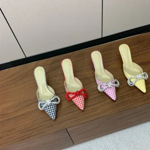European and American Style Summer Fashion Sexy High Heels Women’s Bow Pointed Slippers Women’s Banquet Work Sandals