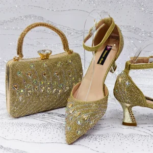 European and American Women’s Pointed High Heels Fashion Shoes Square Handbag Full of Diamonds 3D Art Pattern Shoe Bag Set