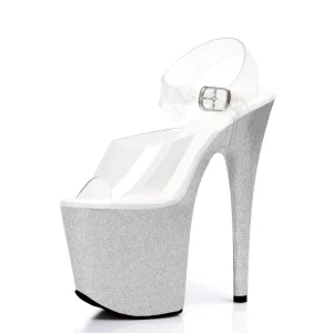 Exotic 8 Inch Platform Stiletto Sandals Transparent Vamp Glitter Rhinestone Wrapped Heel Buckle Straps Women’s Heels