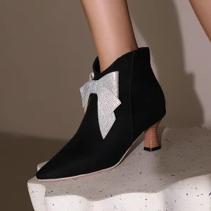 Factory Black Sparkling Diamond Bow Thin Heel Short Boots Women’s Head Boots Exquisite Styles Women’s Boots