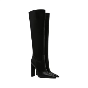 Factory Custom Autumn Winter Women’s Black Long Boots Pointed Toe Genuine Leather Chunky Heel Stretch Slim Boots