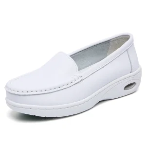 Factory Custom Women’s White Nurse Shoes Safety Toe Hollow Air Cushion Wedge Heels Non Slip Mom Leather