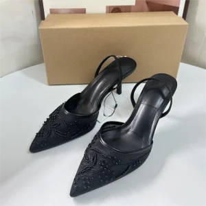 Factory Direct Sale Designer Pointed toe High Heels Summer Luxury Wedding Mesh Beaded Closed Toe Famous Women’s High Heels