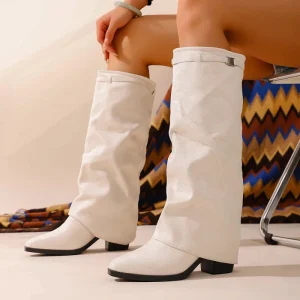 Factory Direct Women’s Boots Autumn and Winter Wrinkled White Boots Designer High Heel Boot