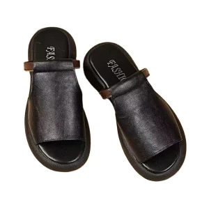 Factory Direct Women’s Minimalist Two Tone Leather Wedge Slides Open Toe Platform Sandals for Daily & Holiday Summer Wear