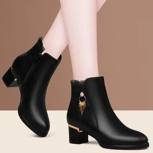 Factory Genuine Leather Boots Autumn British Round Head Block Heel Women’s Ankle