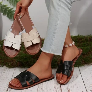 Factory H Style Flat Slide Sandals Women’s Luxury Open Toe PU Leather Slippers for Daily & Beach Wear