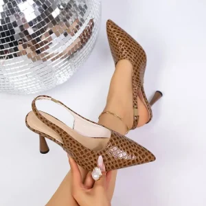 Factory In Stock Export Pointed Toe Stiletto Heels Fish Pattern Back Strap Women’s Shoes