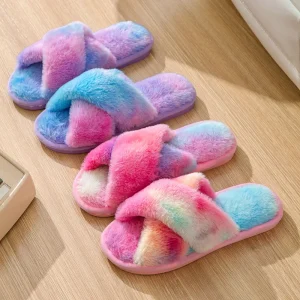 Factory New Customizable Women’s Fur for Slippers Fashionable Cross Tie Dye with Fuzzy Finish for Winter Summer and Autumn