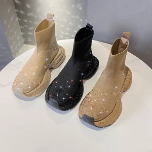 Factory Platform Casual Boots Women’s High Top Shoes Rhinestones Thick Sole Flat Booties Chunky Heel Ankle Fashion Boots