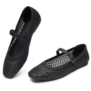 Factory Price Breathable Woven Flats Mary Jane Mush Flat Shoes Women Square Toe Ballet Flats Dressy Flats for Women