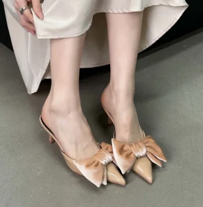 Factory Price Sexy Bow Pointed Toe Ladies Stiletto High Heel Mules Slippers for Women