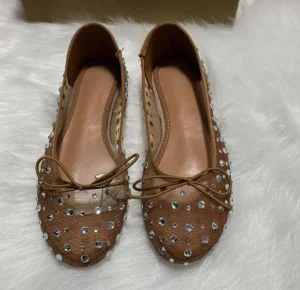 Factory Spring New Breathable Lace up Ballet Flats Rhinestone Decoration Fashion Women’s Shoes Apricot Black