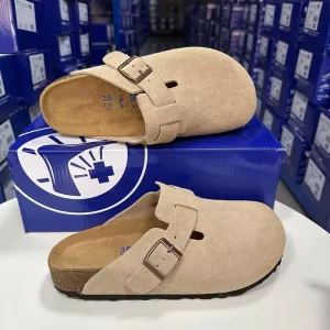 Factory Stock Women’s Customized Logo Genuine Leather Suede Cushioned Insole Anti-Slip Closed Toe Slipper Mules