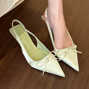Factory Summer New Green Satin Pointy Bow High Heels Women’s Shallow Mouth After Empty Sandals Shoes