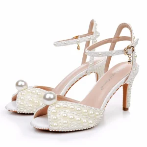 Factory White Pearl Decor Stiletto Sandals Open Toe Ankle Strap Wedding Party Women’s Shoes