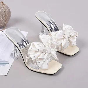 Factory White Satin Bow Rhinestone Heeled Slides Square Toe Stiletto Heel Party Evening Women’s Shoes