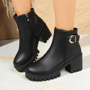 Factory Women’s Black Faux Leather Ankle Boots Chunky Block Heel Platform Sole With Side Zipper Metal