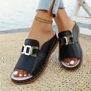 Factory Women’s Casual Wedge Sandals Pu Leather Peep toe Slide With Metal Buckle
