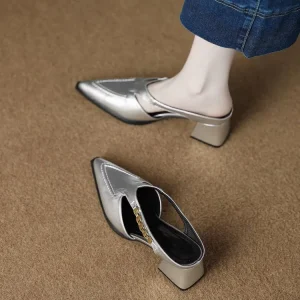 Factory Women’s Pointed Toe Block Heel Mules Chain Decor Slip On Slippers for Office & Casual