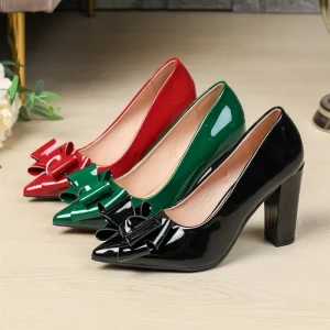 Factory Women’s Red Patent Leather Heels Pointed Toe Bow Decor Chunky Block Heel Pumps For Party