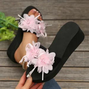 Factory Women’s Round Toe Wedge Slides PU Upper Rubber Sole Floral Decorative Casual Sandals