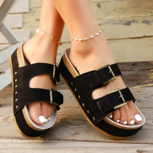 Factory Women’s Wedge Sandals Black Suede Double Strap Cork Summer Casual Shoes