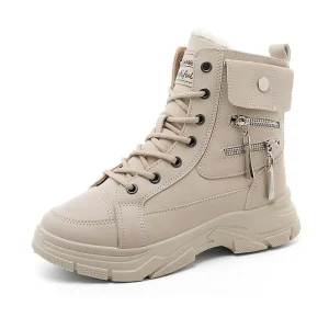 Fall Winter Korean Women’s Solid Color Pigskin Upper Breathable Wear Resistant Plus Height Leisure Warm Snow Boots