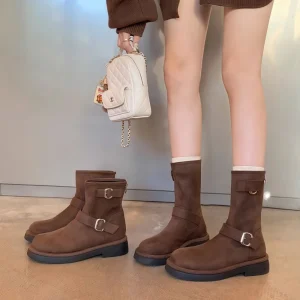 Fall Winter New Style Retro Motorcycle Belted Round-Tip Thick-Tread Ankle Bootie Chelsea Boots for Riders Women’s