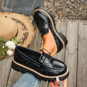 Fashion Black Chunky Loafers Women’s Croc Embossed Round Toe Slip on Lug Sole Shoes Versatile Footwear for Work School
