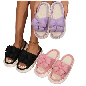 Fashion Bowknot Linen Women’s Thick Sole Non Slip Memory Foam Insole Indoor Flat Heels
