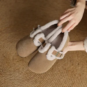 Fashion Buckle Strap Winter Birkenstocks Shoes High Quality Suede Upper Warm Fleece Lined Non-Slip Rubber Sole Apricot