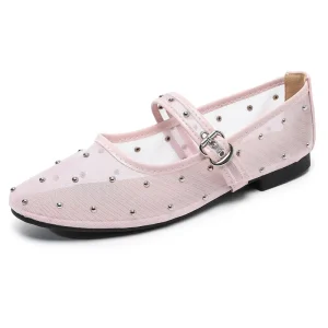 Fashion Comfortable Studded Solid Trend Women’s Mary Jane Ballerina Buckle Strap Mesh Ballet Flats Shoes