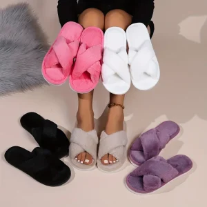 Fashion Cross Strap EVA Sole Anti Slippery Light Weight Warm Winter Fluffy Indoor Women’s Home Decor Plush for Hard Wearing