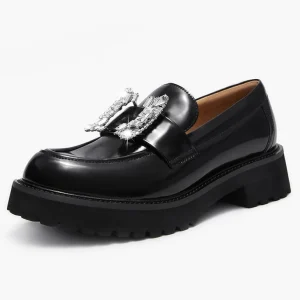 Fashion Customized Logo Leather Upper with Crystal EVA Lightweight Chunky Sole Women Platform Loafers Shoes