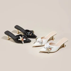 Fashion Design Customized Thin Heel Sandals for Women Bow Knot Rhinestone Pointed Toe Mules High Heel Slippers Large Summer