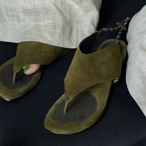 Fashion Design Ladies Flip Flops Shoes Vintage Round Toe Suede Outdoor Beach Drawstring Women Flat Sandals for Summer