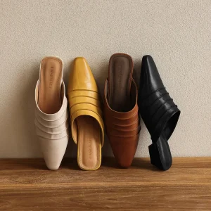 Fashion Design Women Mules Shoes Summer New Style Vintage High Quality Genuine Leather Square Toe Low Heel Slippers Size 42
